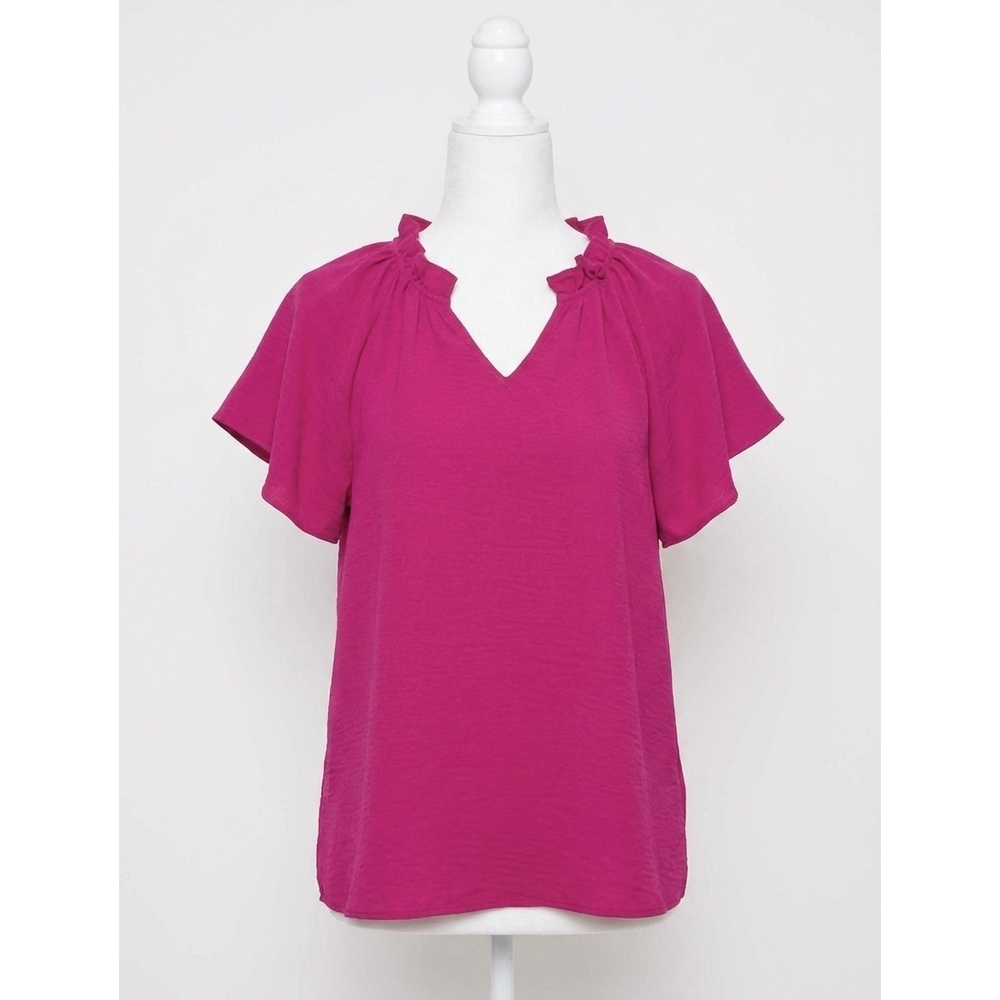 NEW ENTRO ruffled flutter sleeve blouse in magenta